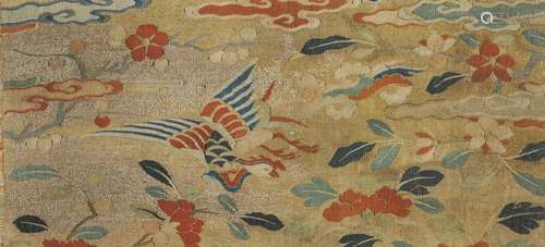 A fragment of kesi weaving  with phoenix, flowers and clouds, in frame. Early Ming, 14th century. Image 15.5×33 cm.