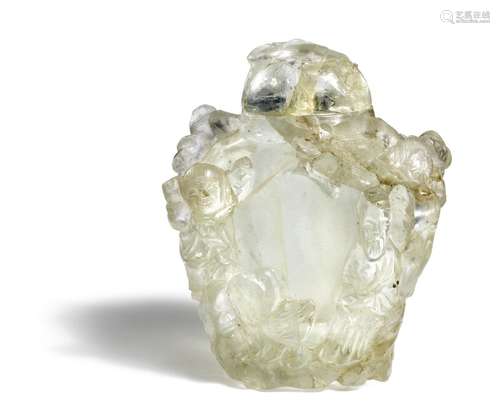 A Chinese fluorite snuff bottle panoramic carved with a sage, a man with duck, a deer, a crane and a tiger under a pine tree. H. 6 cm.