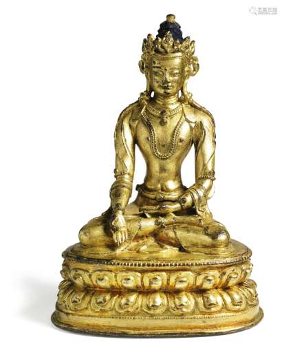 A Ratnasambhava, seated in dhyanasana on a double-lotus throne. Tibet-China 17th century. Weight 302 g. H. 11 cm.