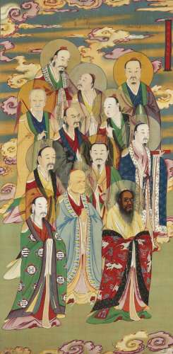A Chinese scroll with Daoist style ancestors and saints. Qing, 19th century. Image 150×74 cm.