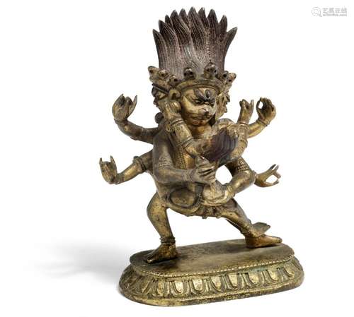 A gilt bronze figure of Mahakala with consort. Sealed. Qianlong 1736–1795. Weight 355 g. H. 10 cm.