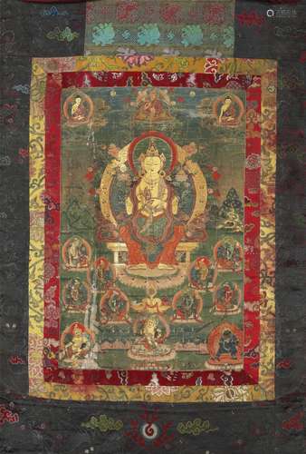 A Tibetan thangka with Maitreya. C. 1800. Image 67×44 cm.