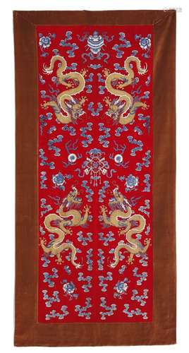 A Chinese altar embroidery depicting four Imperial five clawed gilt metal yellow dragons. Late Qing dynasty(1644–1912). 216×86 cm.