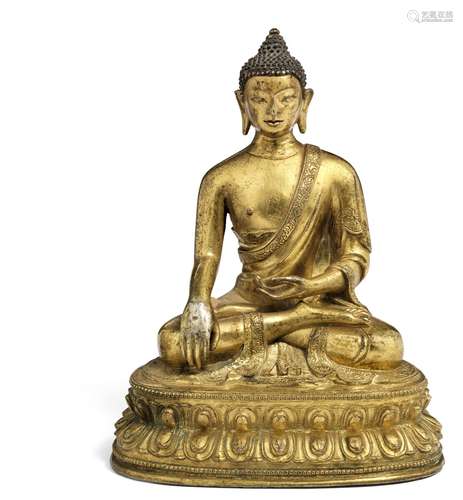 A gilt bronze figure of Buddha Shakyamuni. Qianlong 1736–1795. Weight 725 g. H. 11.5 cm.