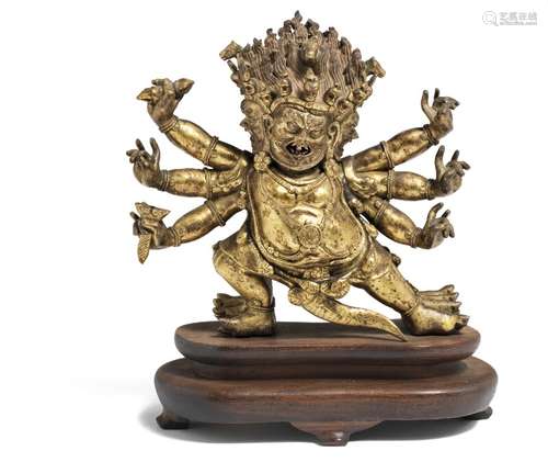 A Sino-Tibetan gilt bronze figure of Hajragriva. 18th century. H. 13 cm.