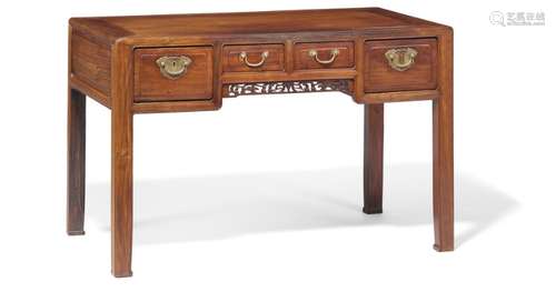 A Chinese hardwood writing table, front with four paneled drawers. Early 20th century. H. 79 cm. L. 123 cm. W. 66 cm.