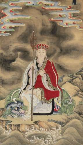 A Chinese scroll with portrait of Lama, possibly Xuanzang. Qing, 18th/19th century. 146×84 cm.