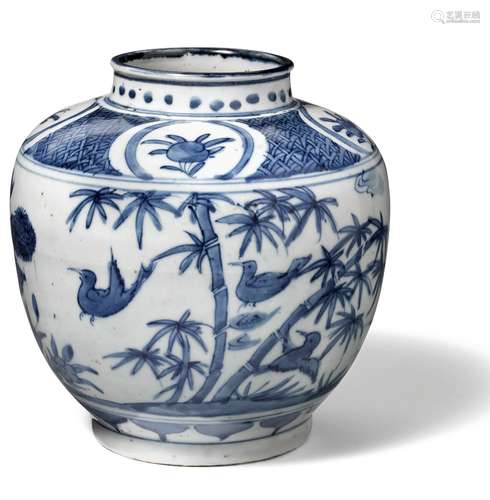 A Chinese porcelain vase, decorated in underglaze blue with the three trees bamboo, prunus and pine. Marked in bottom with a hare. Kangxi 1662–1722. H. 17 cm.