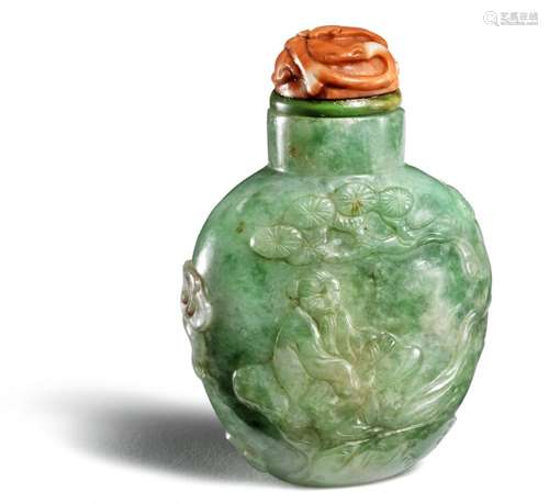 A Chinese jade snuff bottle carved with sage under a prunus tree, other side a crane with outstreched wings. Qing  19th century. H. 6 cm.