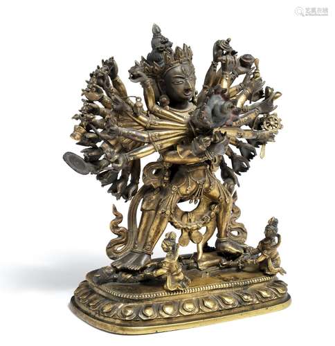 A gilt bronze figure of Chakrasamvara in union with Vajravarahi. Qianlong 1736–1795. Weight 1658 g. H. 16.5 cm.