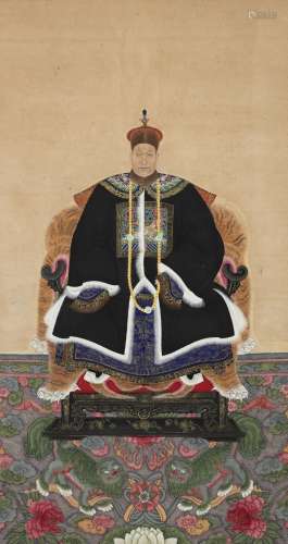 A Chinese scroll of a military official dressed in winter robe and seated on a throne with tiger fur. Late 19th century. 151×80 cm.