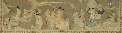 A Kesi weaving with the Taoist gods in the sky, fragment. End of 18th century, early 19th century. Image 48×178 cm.