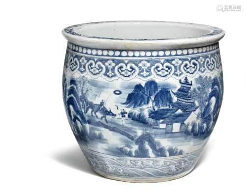 A large Chinese porcelain basin. Republic 1912–1949. Basin Diam. 47.5 cm. H. 40 cm. Table Diam. 40 cm. H. 46 cm.