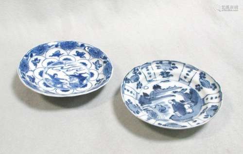 Two small dishes late Ming and Kangxi, the late Ming dish with lappets radiating around a sage