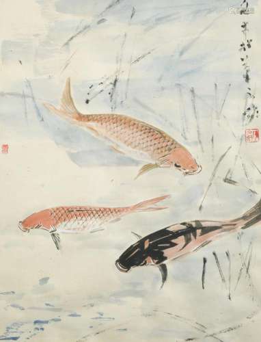 Chen Wen Hsi (Singaporian, 1906-1991) swimming carp, signed with artist's seal mark, Chinese ink and