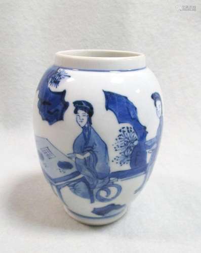 A Kangxi ovoid vase, painted with two ladies playing go while two standing attend them in a