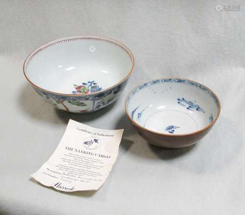 A Nanking Cargo 'cafe au lait' bowl, with certificate; and an 18th century Chinese porcelain slop