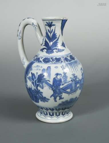 An underglazed blue and white transitional ewer, the neck and handle above the ovoid body painted