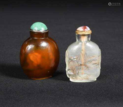 Two 19th century interior painted snuff bottles and stoppers, one brown glass with sitting figures