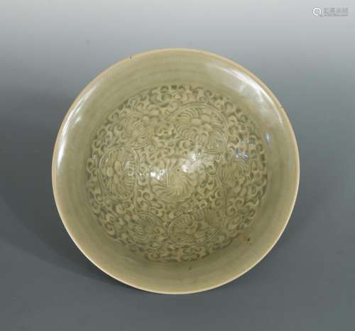 A Northern Song-Jin dynasty Yaozhou celadon moulded conical bowl, unusually large, the deep