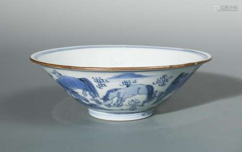 An early Kangxi underglazed blue and white bowl, painted with the horses of Mu Wang, seven on the