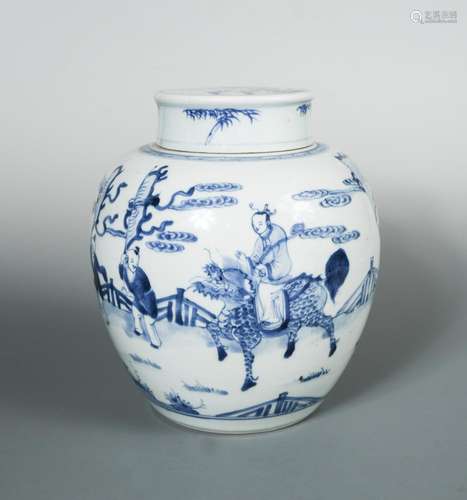 A Kangxi jar with cover, painted with a figure riding a Qilin under escort of three banner