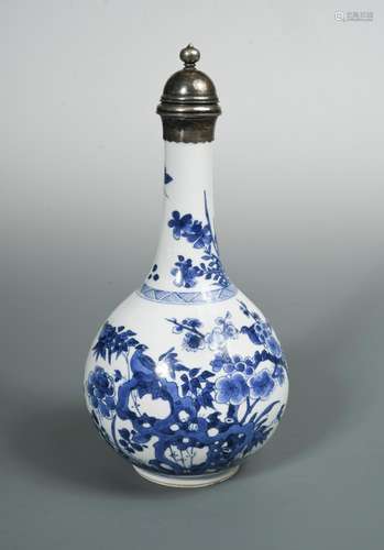 A silver mounted and covered Kangxi bottle vase, painted with birds amongst prunus and peonies, 28cm