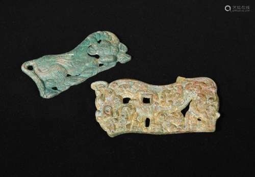 Two inner or outer Mongolia bronze plaques, Warring States period and Han dynasty, one depicting a