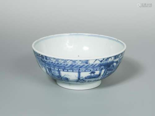 A Kangxi bowl with ladies, the exterior painted with two ladies dancing on a fenced terrace while