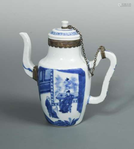 A Kangxi covered ewer with silver mounts, painted on one side with figures under a pine tree on