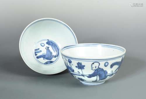 A pair of Ming blue and white bowls, painted in the centre with a seated sage watching the moon, the