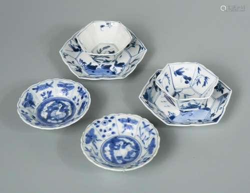 Two Kangxi hexagonal tea bowls and saucers, painted with ducks and millet, dishes 11.5cm and 4cm