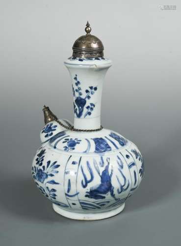 A Ming blue and white Kendi, with silver mounts and later silver cover, painted with alternating