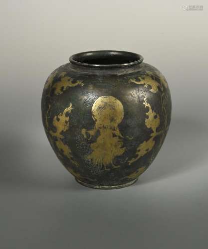 A gilt silvered jar, possibly Ming dynasty or earlier, gilded with buddhistic scenes and diverse