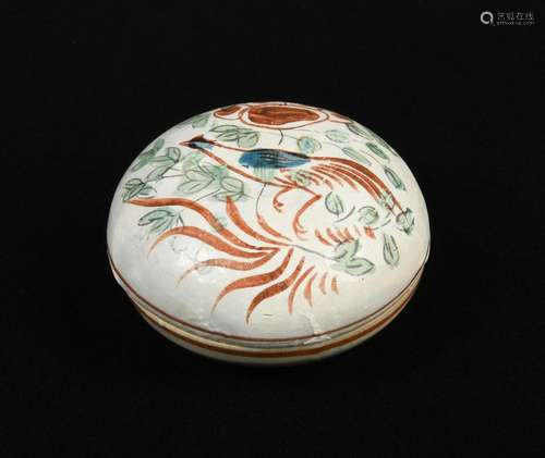 A polychrome decorated Cizhou box and cover, Jin dynasty, the exterior decorated with a pheasant and