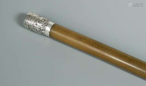 A silver topped rhinoceros horn walking stick, marked for Wan Hing (Hong Kong), 90cm long Other