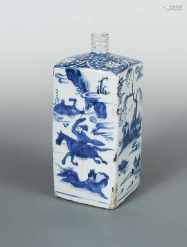 A transitional period square bottle, painted with figural panels alternating with islands below