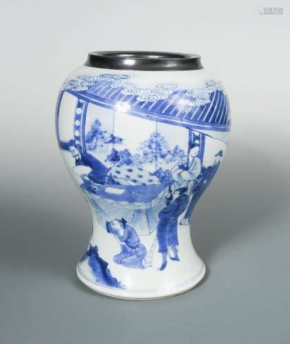 A silver rimmed Kangxi style baluster jar, painted with figures by a pavillon, 25cm high