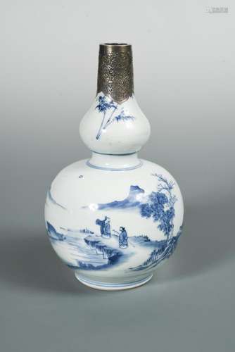 A silver topped Kangxi blue and white double gourd vase, the lower section painted with a