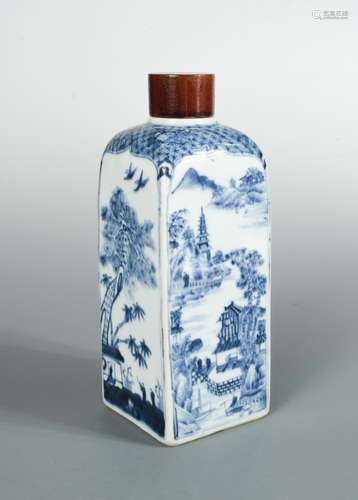 A transitional or early Kangxi square sectioned bottle and a wooden cover, underglazed blue and