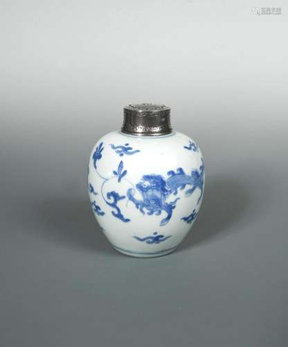 A Kangxi silver capped ovoid jar, painted with two dragons holding stems of Lingzhi amongst