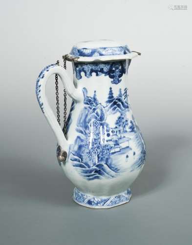 An 18th century silver mounted blue and white jug with cover, painted with sea or river shore scene,