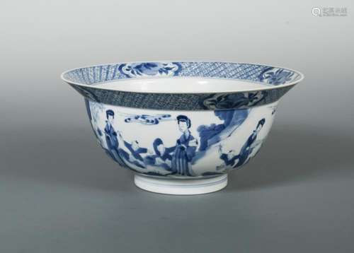 A Kangxi bowl, the everted rim with peach vignettes on a diamond diaper band, the exterior with four