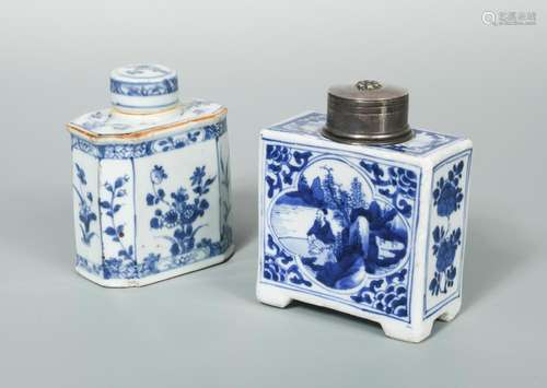 A Kangxi tea caddy with cover, painted with flower panels on the central rectangular sides, 10.5cm