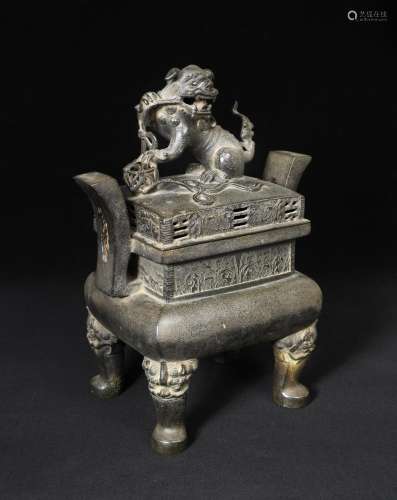 A large bronze censer and cover, Fangding, Ming dynasty, the censer of rectangular form raised on