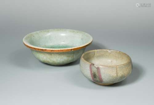 Two bowls, Yuan Dynasty and possibly Ming, the Yuan Jun Bowl with two purple splashes on the