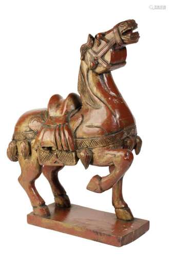 CARVED RED LACQUER TANG STYLE HORSE, 20TH CENTURY