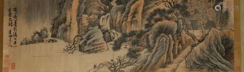 AFTER ZHANG DAQIAN (1899-1983), MOUNTAIN LANDSCAPE WITH HUT & CALLIGRAPHY, colour and ink on paper