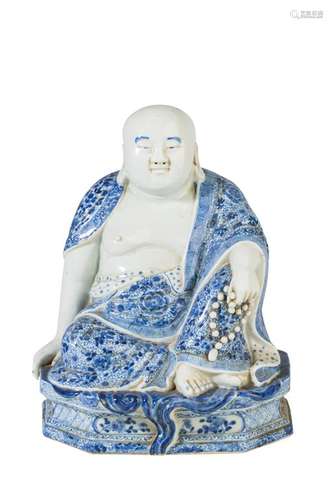 LARGE BLUE AND WHITE SEATED BUDDHA, WEI HONGTAI SEAL MARK BUT LATER