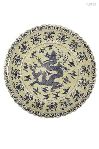 EXCEPTIONALLY LARGE BLUE AND WHITE 'DRAGON' DISH